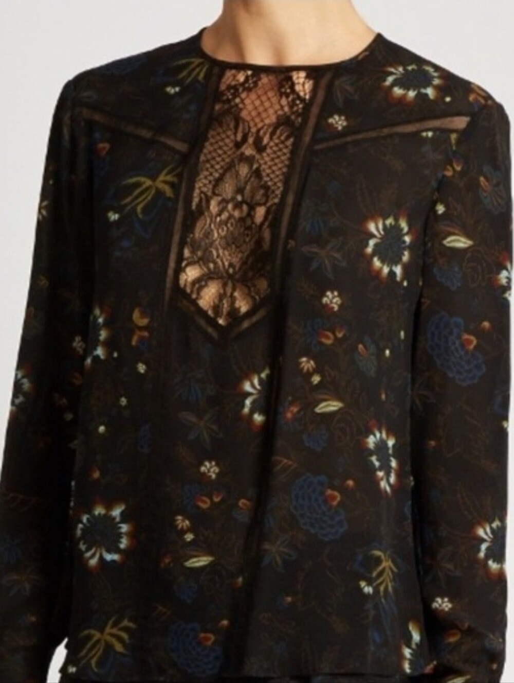A.L.C. Noemi Silk Blouse Dark Floral Lace Inset Sz 2 Black Semi Sheer Romantic